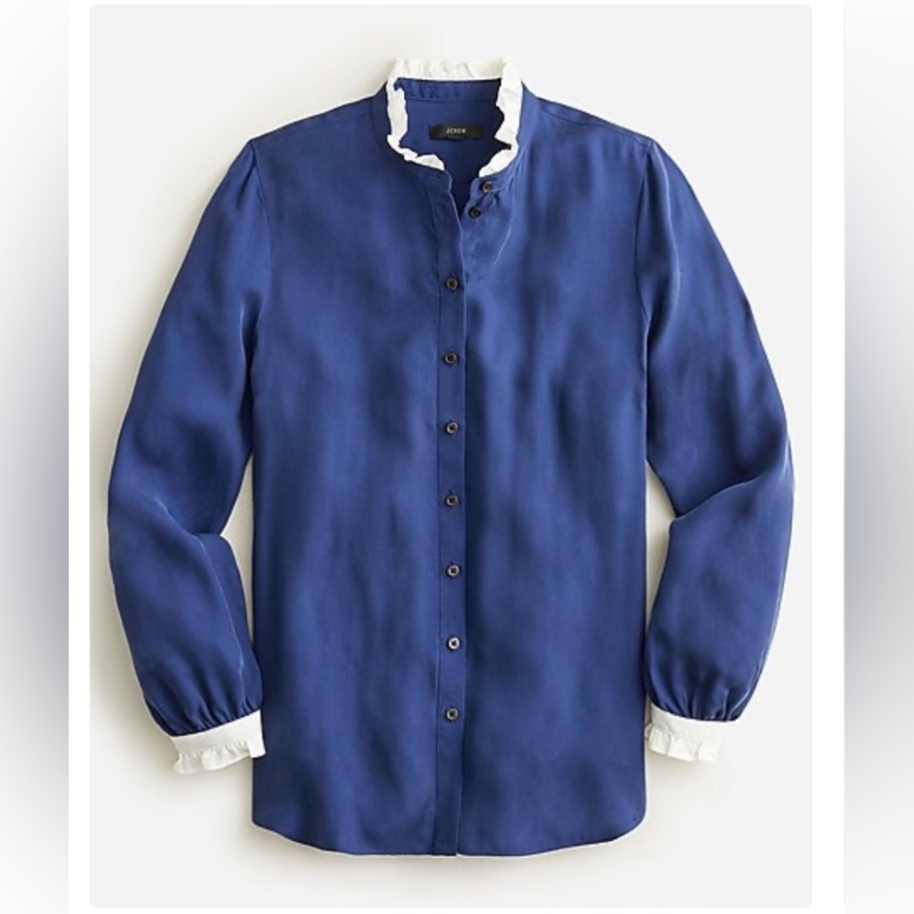 NWT J.CREW Drapey ruffle-trim shirt SIZE s BLUE White Trim
